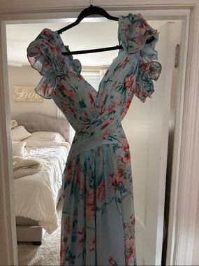 Floral Ruffle V-Neck Maxi Dress in Light Blue